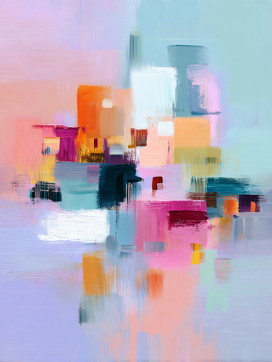 Volledige weergave van schilderij Stad in Pastel met kleurrijke abstracte vormen en reflecties
