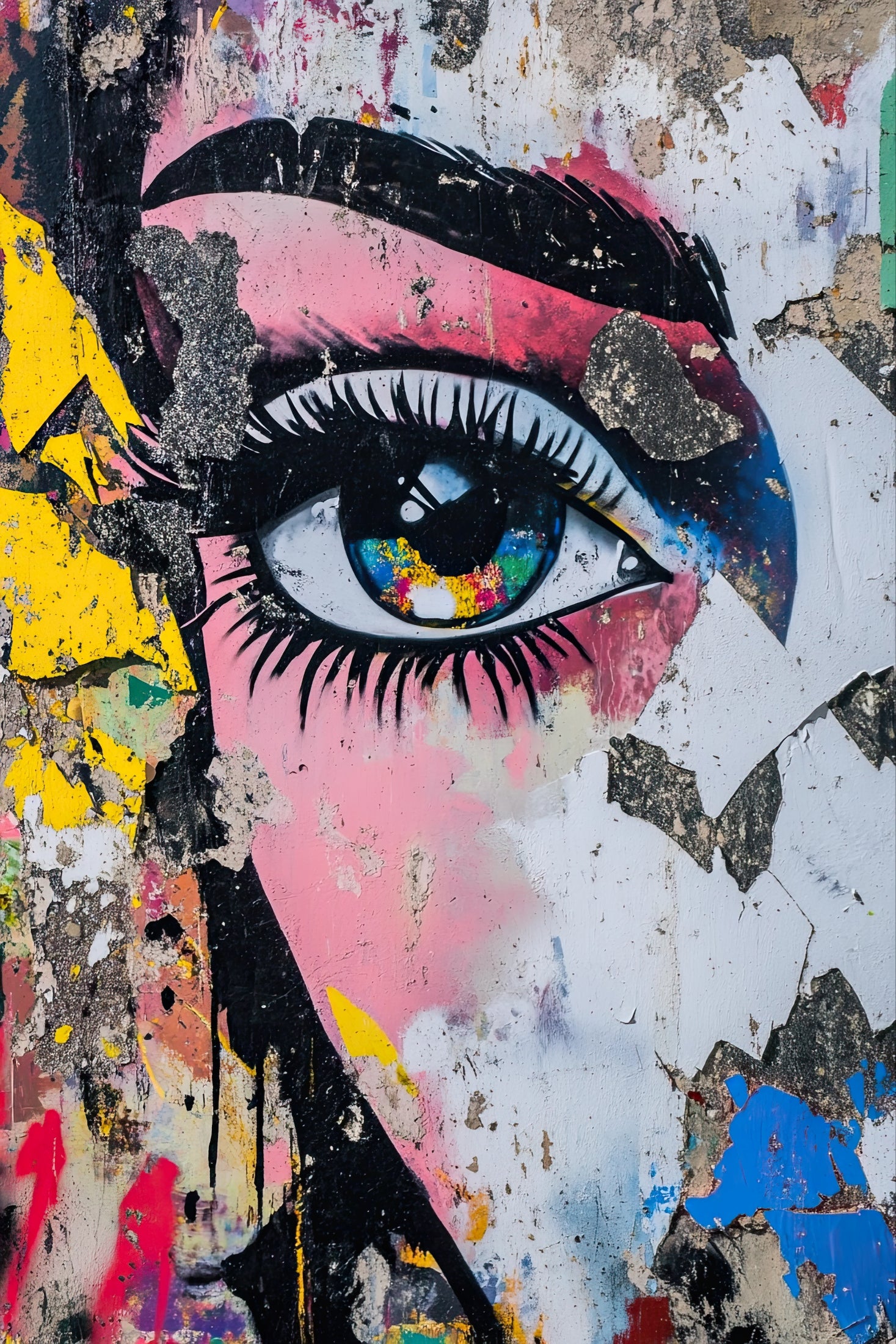 Volledige weergave van Stadsblik, expressief portret met kleurrijk oog in urban street-art stijl
