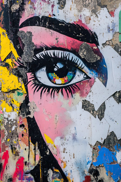 Volledige weergave van Stadsblik, expressief portret met kleurrijk oog in urban street-art stijl
