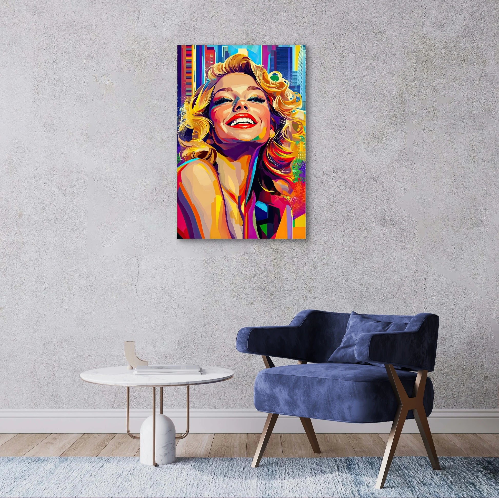 Textielkunstwerk Stadsgeluk boven een donkerblauwe fauteuil en marmeren tafel in een licht en modern interieur
