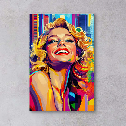 Detail van Stadsgeluk met lachende vrouw in felle pop-art kleuren en stad op de achtergrond
