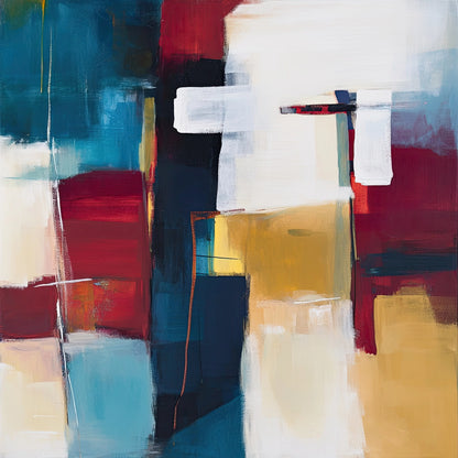 Abstract kunstwerk met rechthoeken en kleurvlakken in rood, blauw, oker en wit
