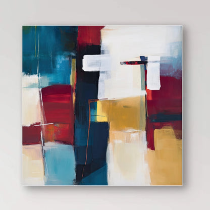 Detail van abstracte vormen en verfstructuur in rood, blauw en goudtinten
