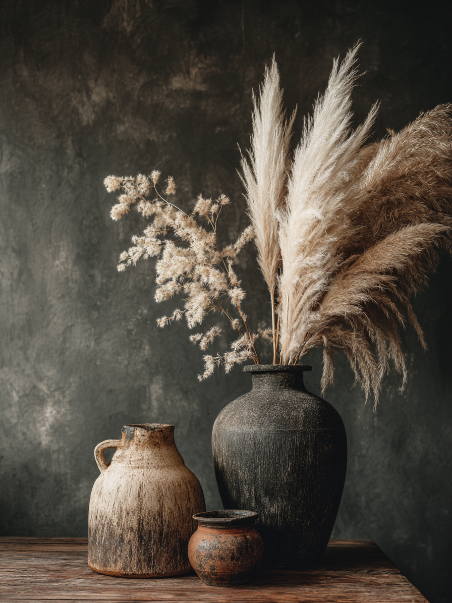 Volledig kunstwerk Stem van Klei met stilleven van kruiken en pluimen tegen donkere achtergrond 
