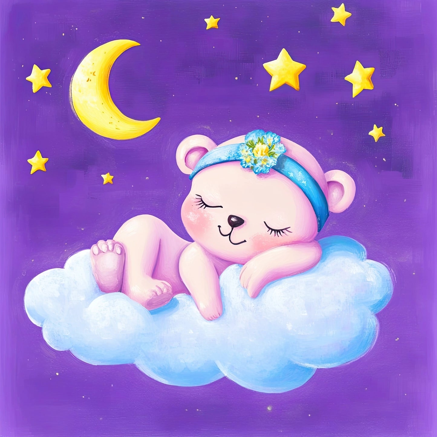 Digitale illustratie van een beertje op een wolk met maan en sterren op paarse achtergrond, kinderkamerstijl  
