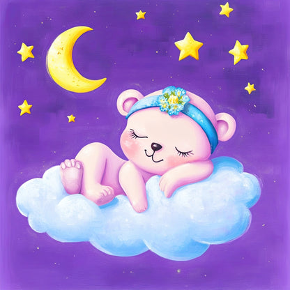 Digitale illustratie van een beertje op een wolk met maan en sterren op paarse achtergrond, kinderkamerstijl  
