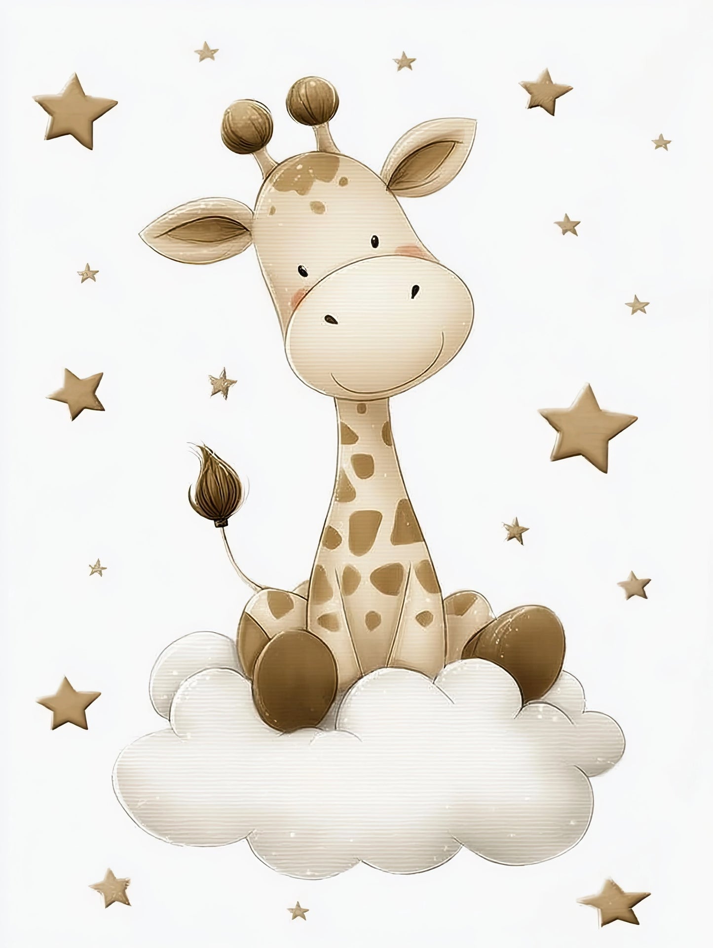 Digitale illustratie van een giraffe op een wolk, omringd door sterren, in zachte beige tinten  
