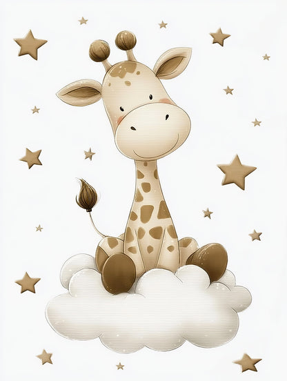 Digitale illustratie van een giraffe op een wolk, omringd door sterren, in zachte beige tinten  
