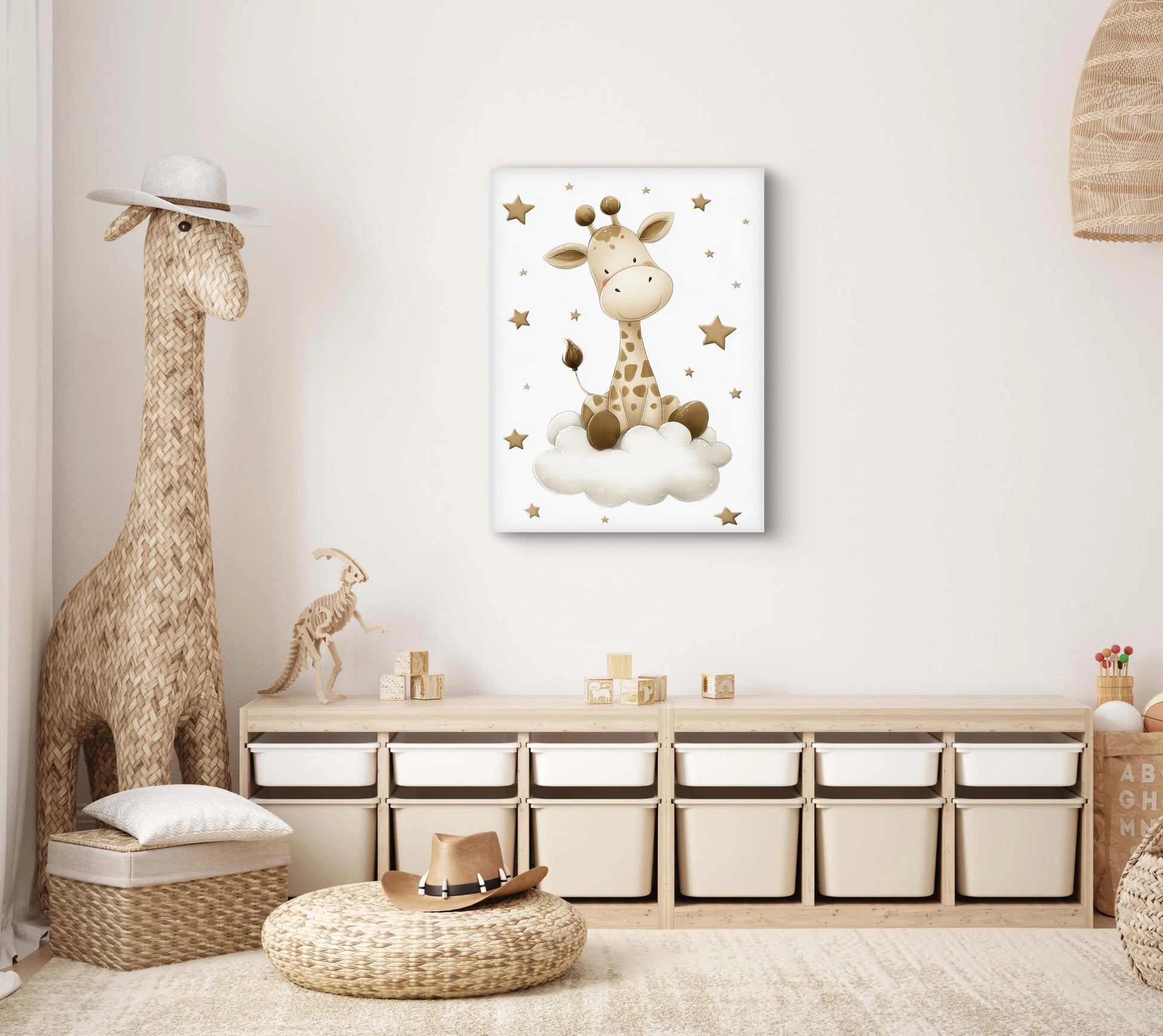 Kinderkamer met speelgoedgiraffe en kunstwerk van een giraffe op een wolk met sterren aan de muur  
