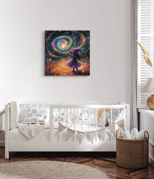 ‘Sterrenmagie’ toont een betoverende scène waarin een klein tovenaartje de melkweg aanraakt. Een sprankelend avontuur vol kleur en verwondering, perfect voor jonge dromers.  
