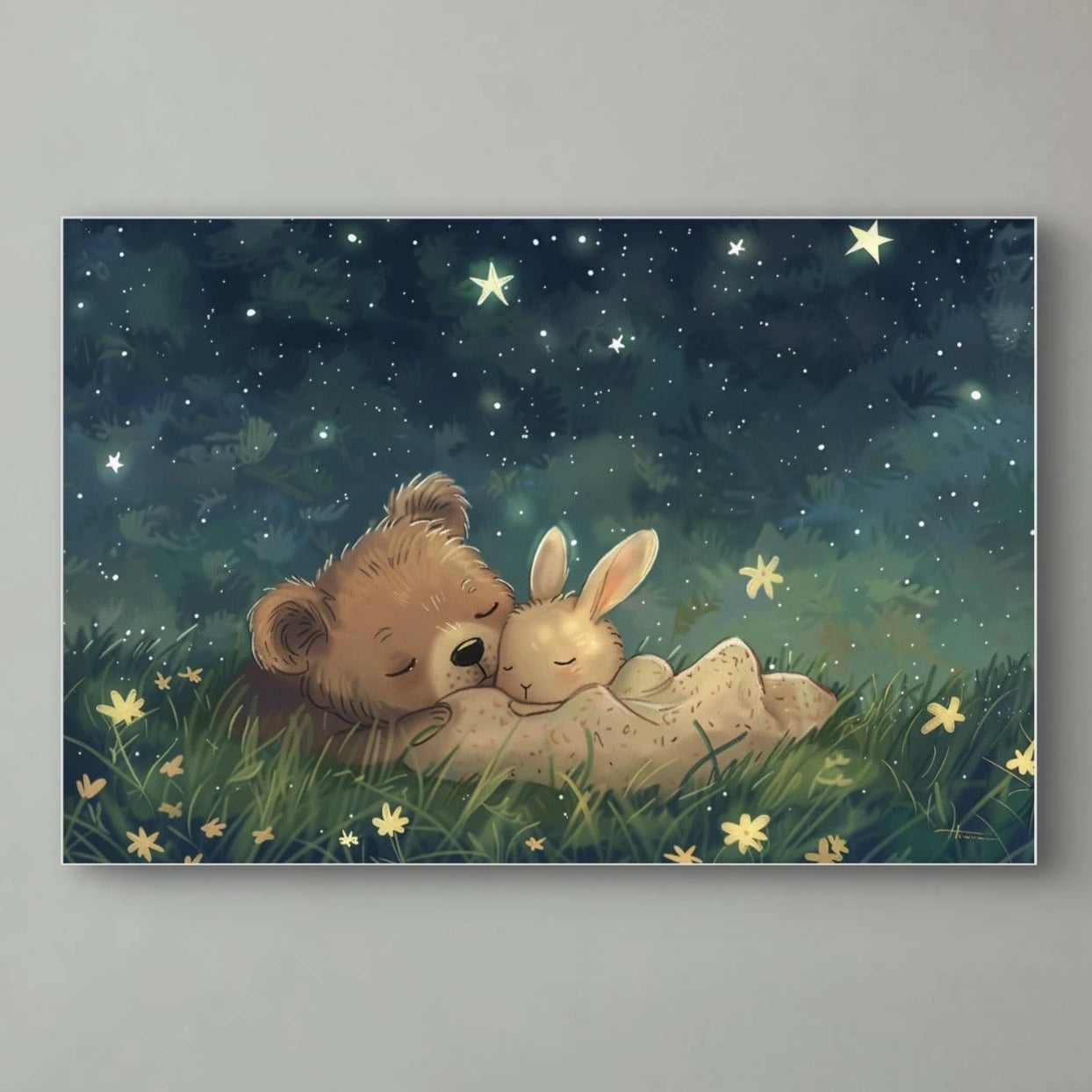 Illustratie van een beer en konijn die knus samen slapen in het gras onder een sprankelende nachtelijke hemel  
