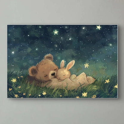 Illustratie van een beer en konijn die knus samen slapen in het gras onder een sprankelende nachtelijke hemel  
