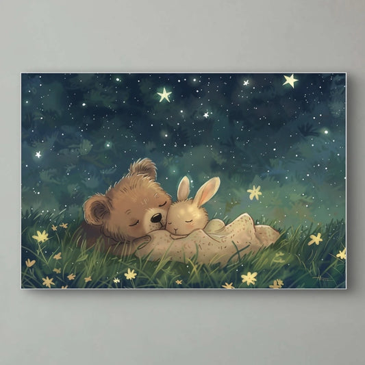 Illustratie van een beer en konijn die knus samen slapen in het gras onder een sprankelende nachtelijke hemel  
