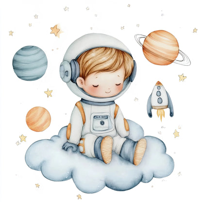 Lieve tekening van een kind als astronaut op een wolk, omringd door planeten, sterren en een raket  
