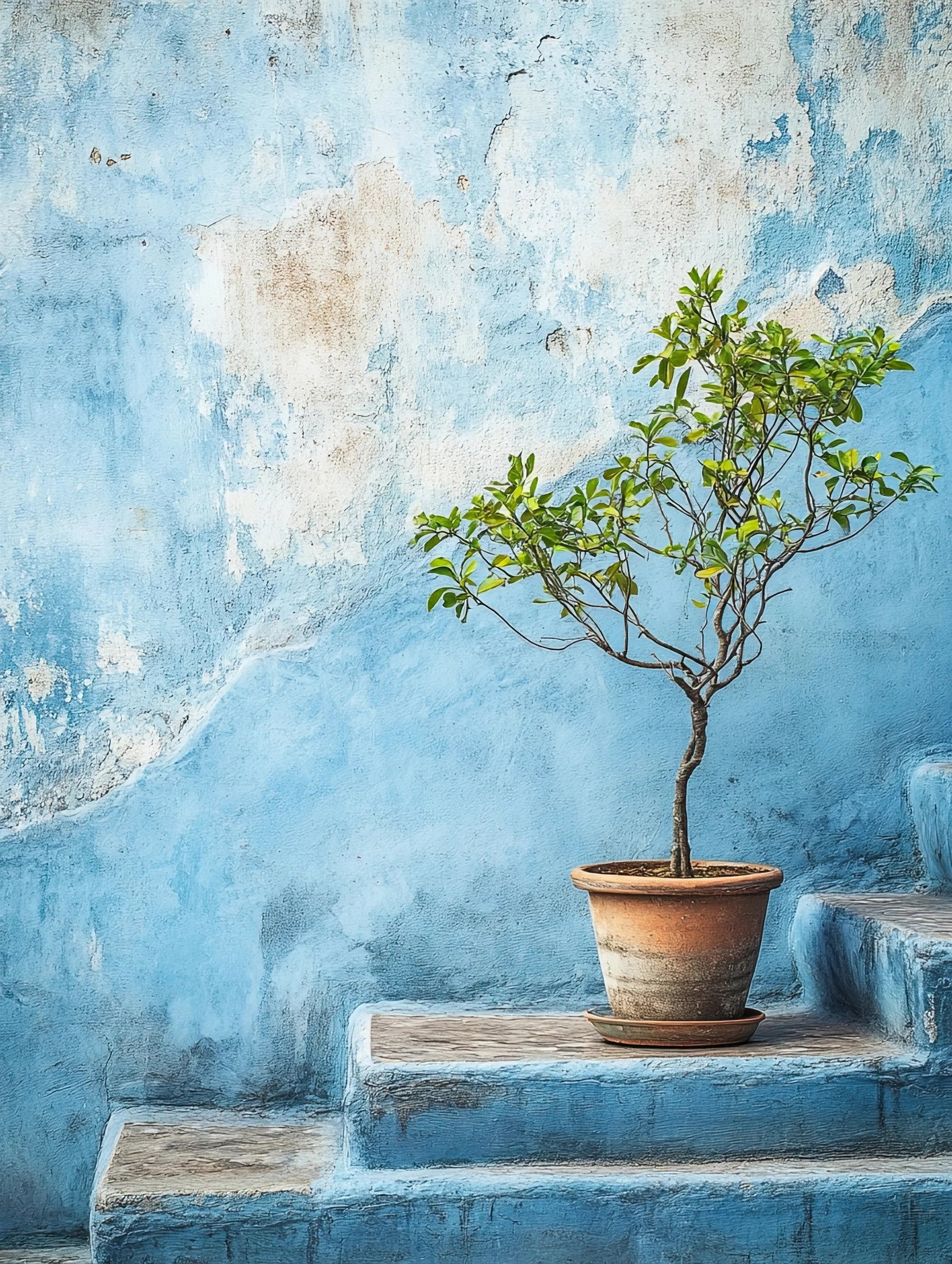 Volledige weergave van het kunstwerk “Stil Groen” met plant in terracotta pot tegen verweerde blauwe muur
