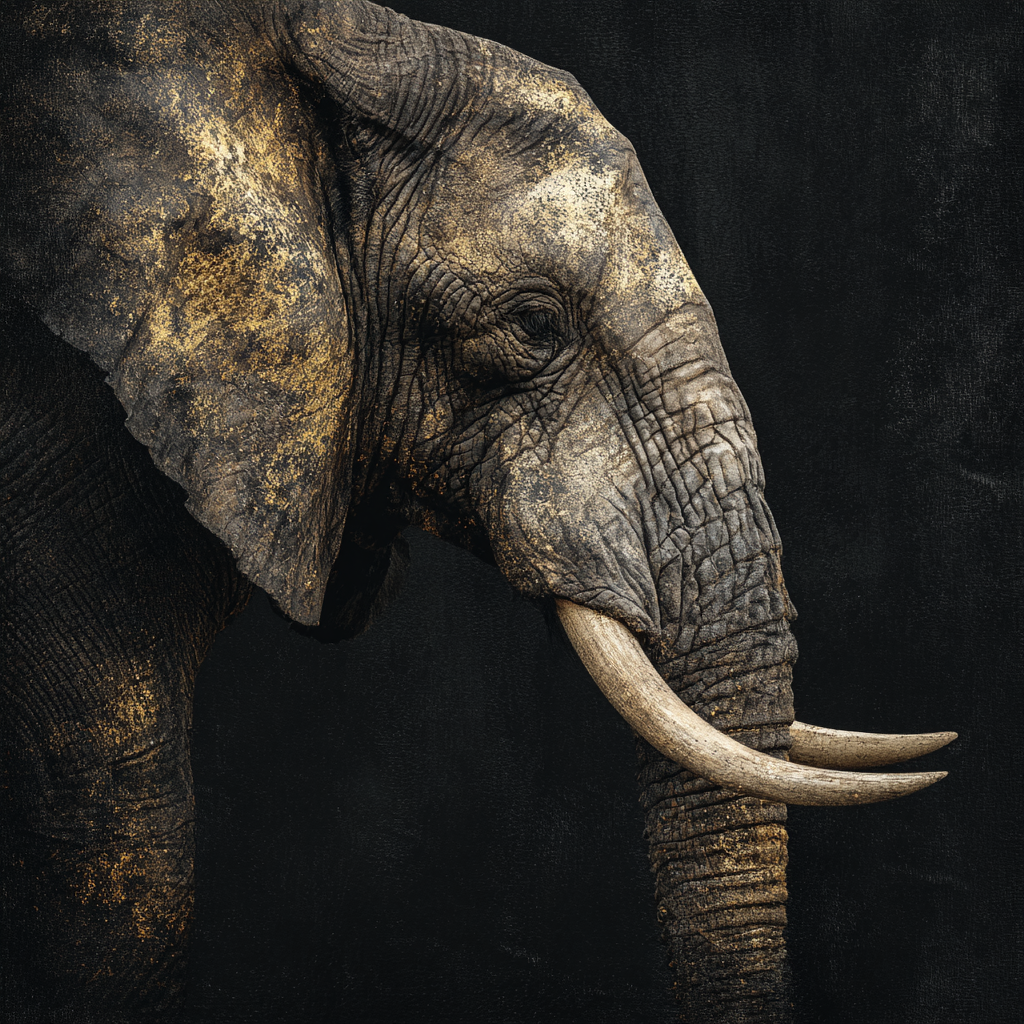 Volledige weergave van Stille Kracht met majestueuze olifant en donkere achtergrond  
