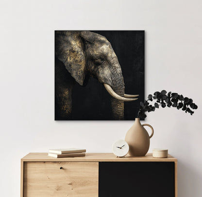 Mock-up van Stille Kracht aan de muur boven een houten kast met vaas en klok  
