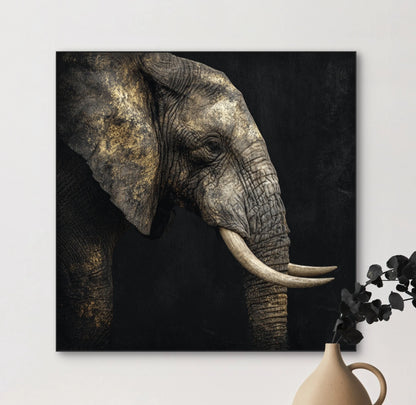 Detailopname van Stille Kracht met olifant en gouden nuances op donkere achtergrond  
