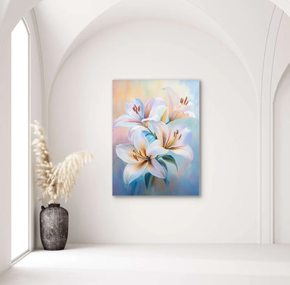 Textielkunstwerk met pastelkleurige lelies in wit, roze en perzik op blauwroze achtergrond, hangend in een licht interieur met hoge bogen
