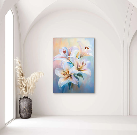 Textielkunstwerk met pastelkleurige lelies in wit, roze en perzik op blauwroze achtergrond, hangend in een licht interieur met hoge bogen
