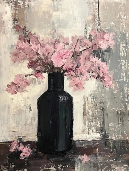 Volledige weergave van het kunstwerk “Stilte in Roze” met bloesemtakken in vaas op rustige, abstracte achtergrond
