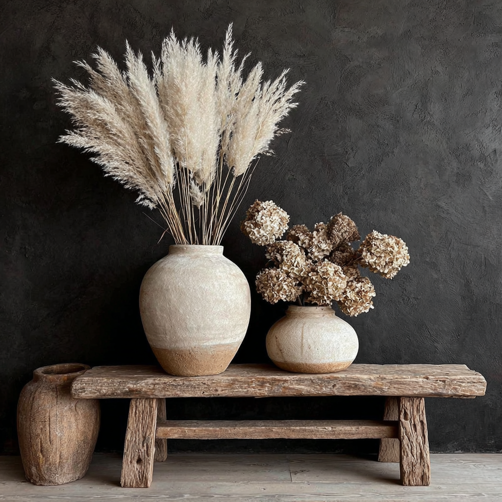 Volledig kunstwerk Stiltevaas met vazen en pluimen in zachte aardetinten tegen donkere achtergrond 
