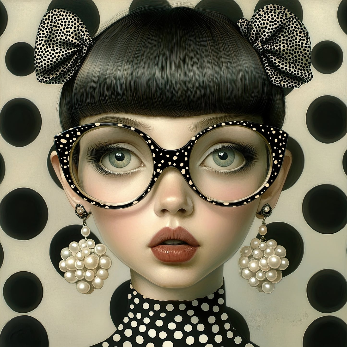 Volledige weergave van Stippenstorm, meisje in zwart wit met grote bril, parels en polkadot patroon
