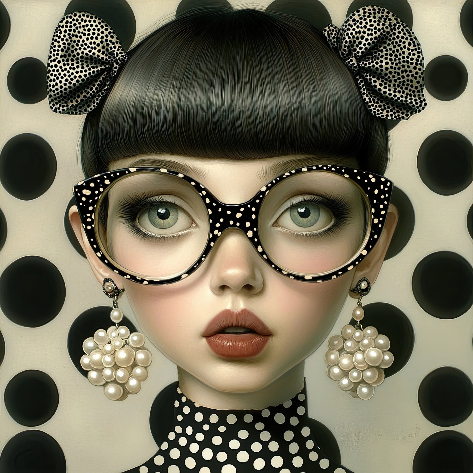 Volledige weergave van Stippenstorm, meisje in zwart wit met grote bril, parels en polkadot patroon
