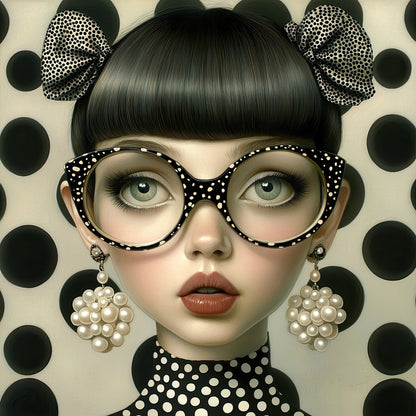 Volledige weergave van Stippenstorm, meisje in zwart wit met grote bril, parels en polkadot patroon
