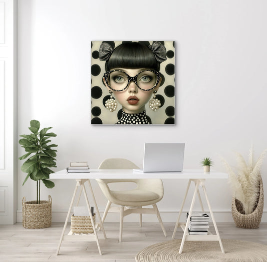 Textielkunstwerk Stippenstorm boven een wit bureau in een lichte ruimte met planten en natuurlijke accenten
