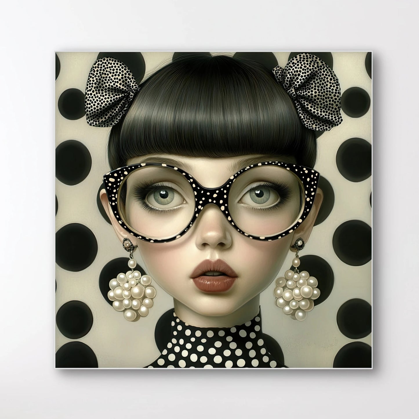 Detail van Stippenstorm met meisje met bril vol stippen, pareloorbellen en strik op een achtergrond van zwarte bollen
