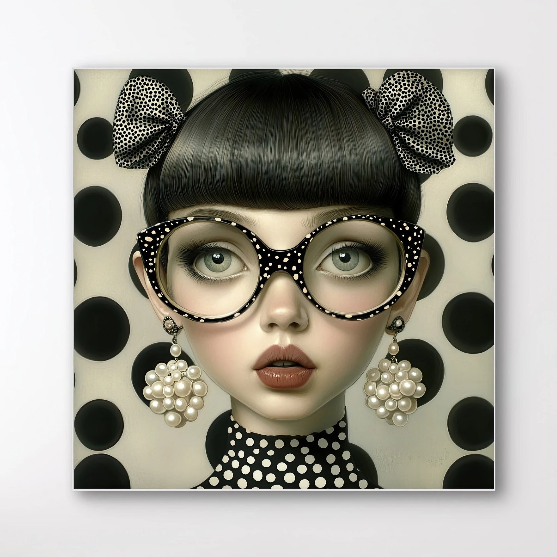 Detail van Stippenstorm met meisje met bril vol stippen, pareloorbellen en strik op een achtergrond van zwarte bollen
