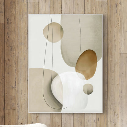 Detail van abstract schilderij met zachte ovalen vormen in beige, zand en wit, gecombineerd met dunne zwarte lijnen
