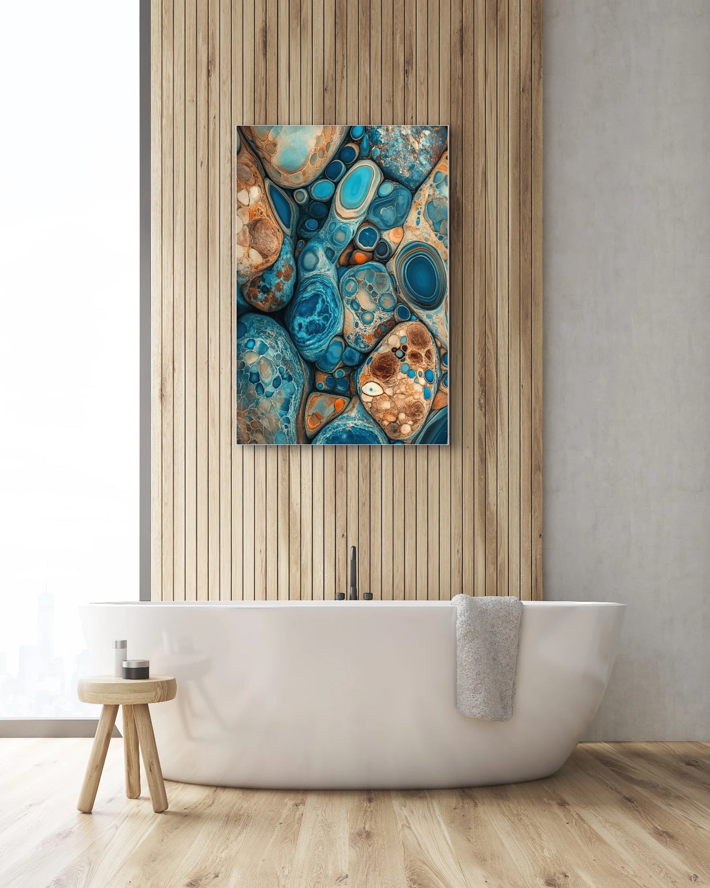Abstract kunstwerk met kiezelachtige vormen in blauw, turquoise, koper en beige boven vrijstaand wit bad
