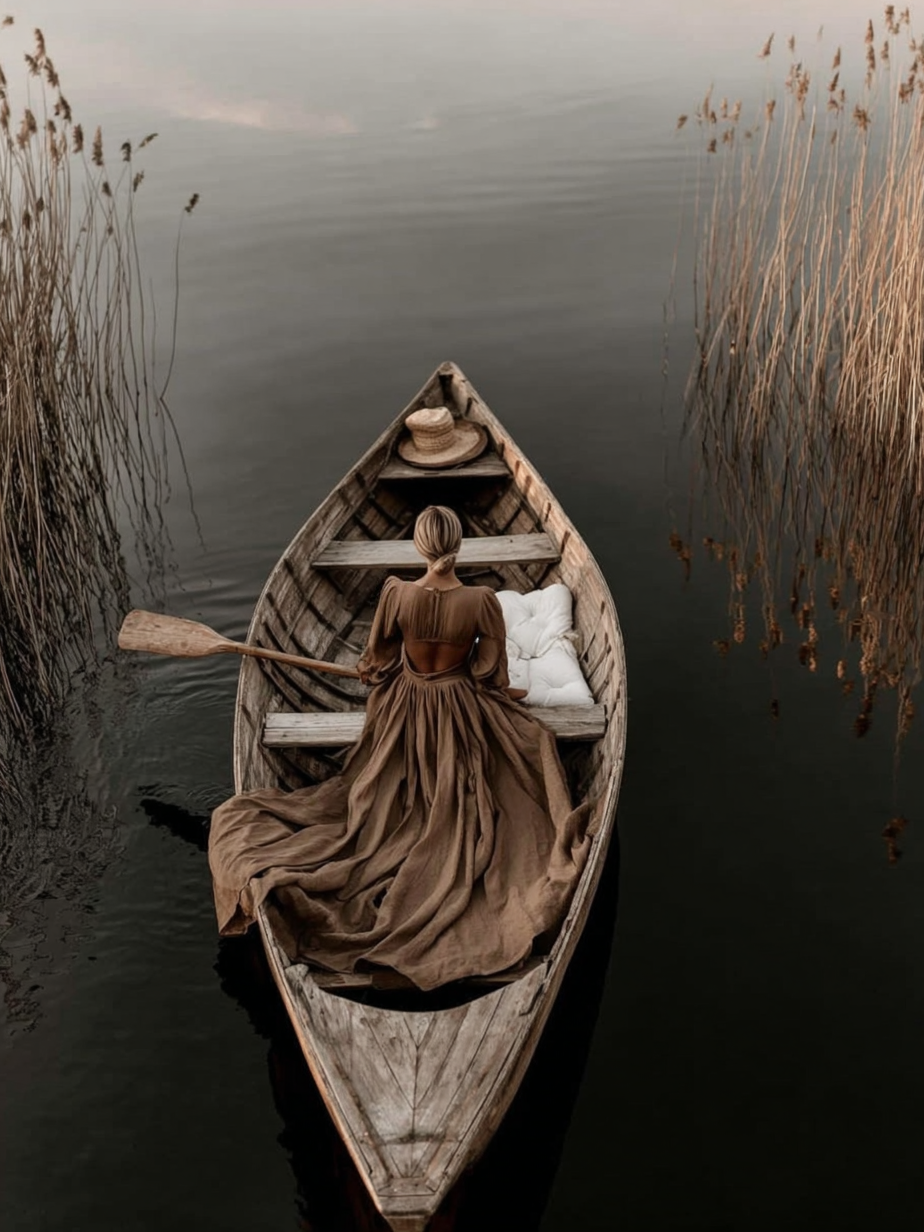 Stroom van Herinnering, poëtisch kunstwerk van vrouw in boot met lange jurk op het water  
