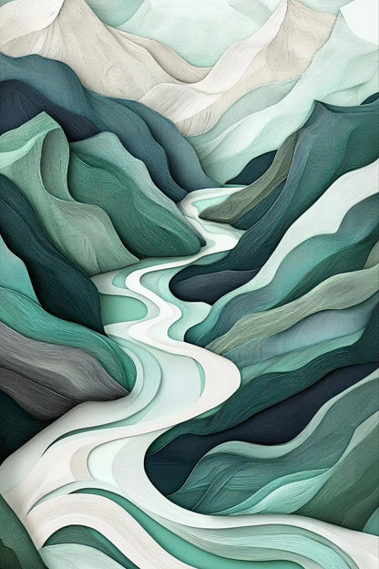 Volledig kunstwerk met abstracte bergen en een witte rivier, in lagen van groen en blauwgrijs
