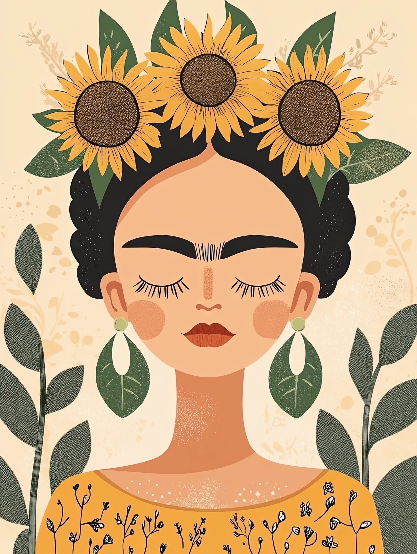 Volledige weergave van Sunlit Serenity, illustratief portret van vrouw met zonnebloemen en natuurlijke uitstraling
