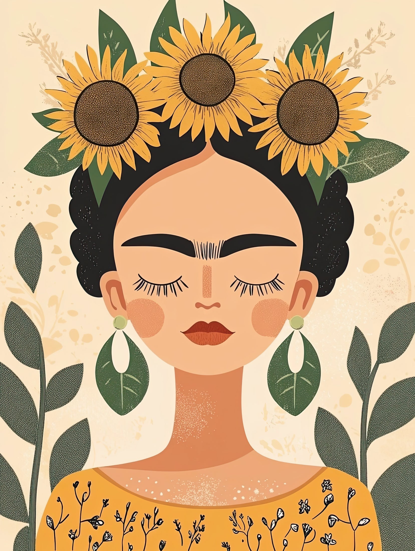 Volledige weergave van Sunlit Serenity, illustratief portret van vrouw met zonnebloemen en natuurlijke uitstraling
