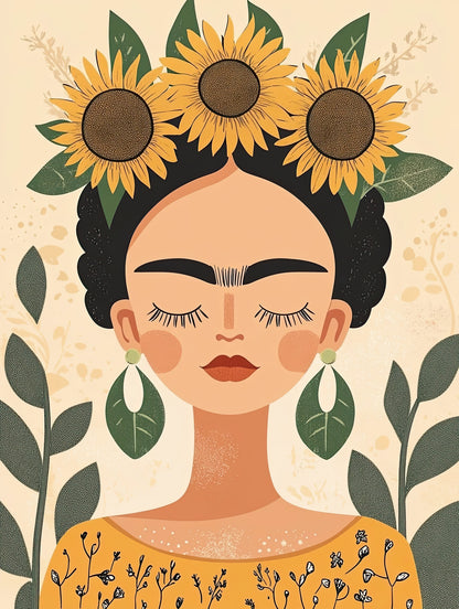 Volledige weergave van Sunlit Serenity, illustratief portret van vrouw met zonnebloemen en natuurlijke uitstraling

