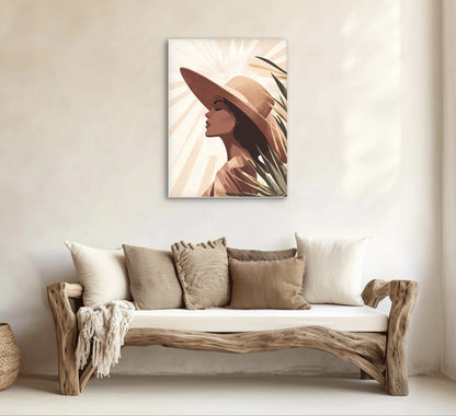 Textielkunstwerk Sunlit Whisper boven een houten bank met kussens in aardetinten in een licht interieur
