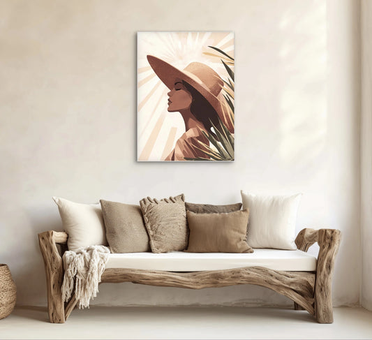 Textielkunstwerk Sunlit Whisper boven een houten bank met kussens in aardetinten in een licht interieur
