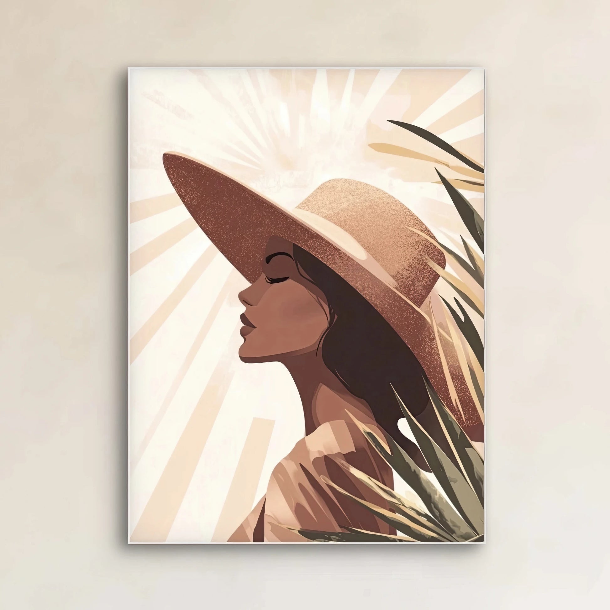 Detail van Sunlit Whisper met vrouw in profiel, grote hoed, en zonlicht op haar gezicht tussen palmbladeren
