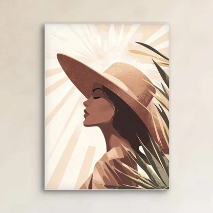 Detail van Sunlit Whisper met vrouw in profiel, grote hoed, en zonlicht op haar gezicht tussen palmbladeren
