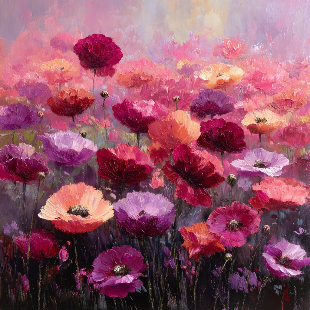  Volledig kunstwerk Symfonie van Papavers met veld van bloemen in warme en levendige tinten 
