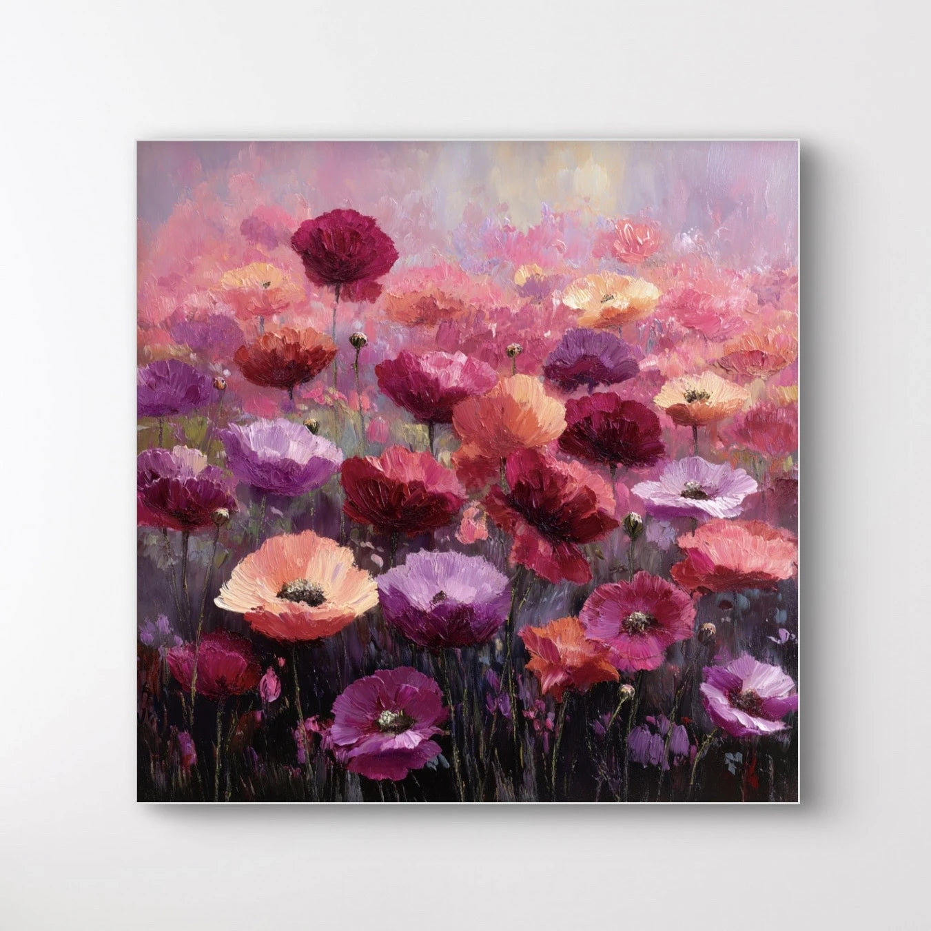 Detailopname van kunstwerk Symfonie van Papavers met kleurrijke papavers in roze, rood, paars en oranje 
