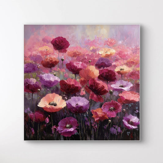 Detailopname van kunstwerk Symfonie van Papavers met kleurrijke papavers in roze, rood, paars en oranje 
