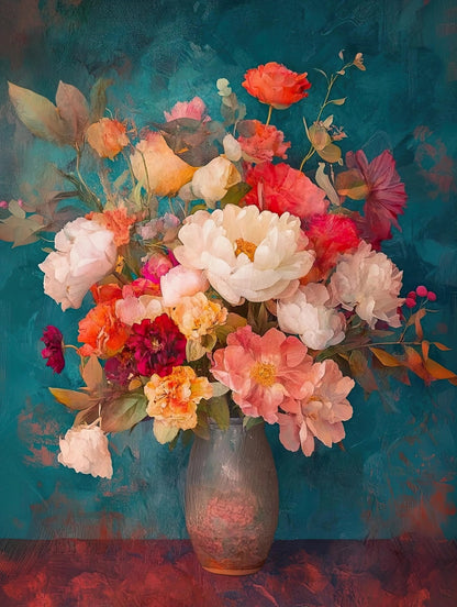 Volledige weergave van het kunstwerk “Symfonie van Bloemen” met boeket bloemen in vaas op blauwgroene achtergrond
