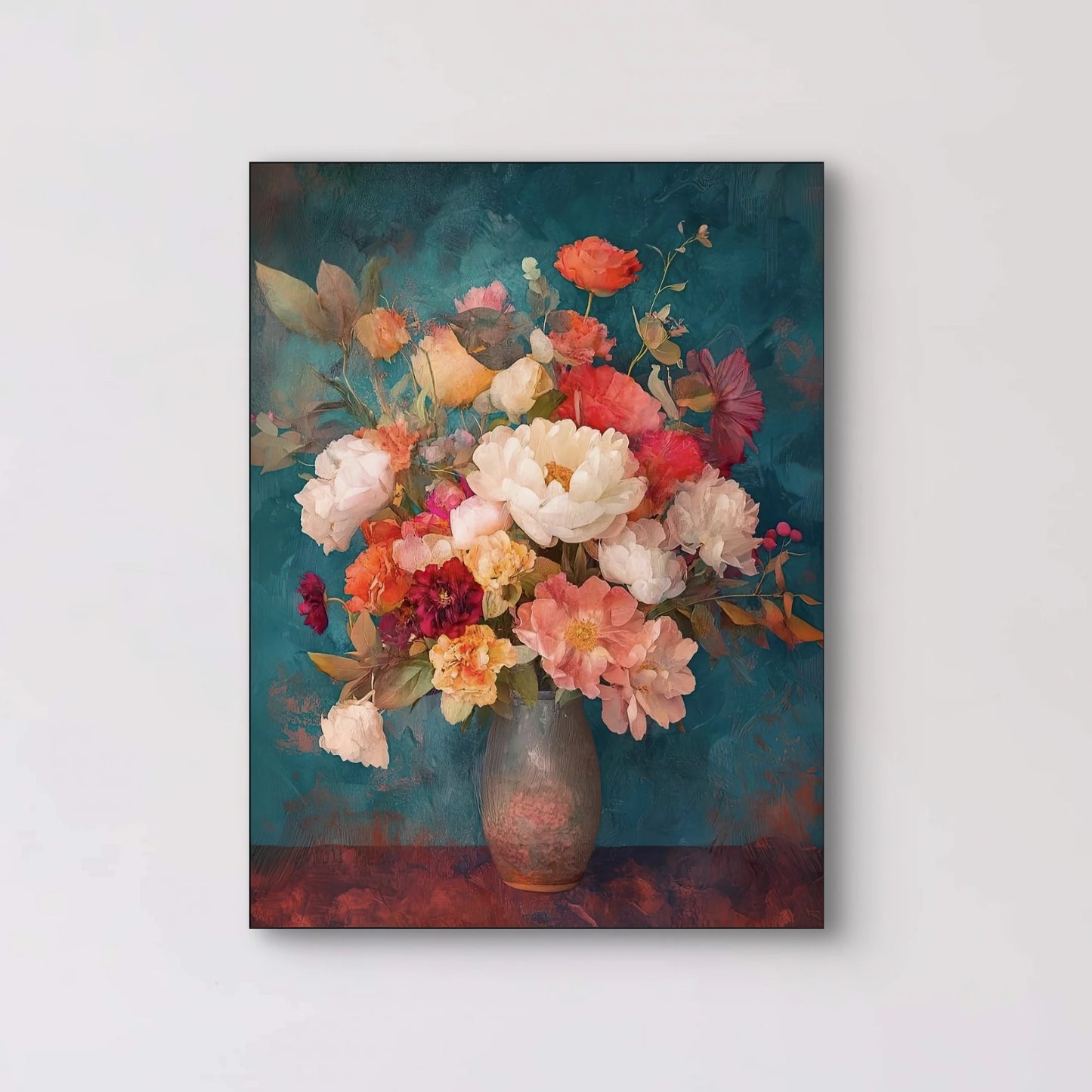 Detail van kleurrijk bloemboeket in het kunstwerk “Symfonie van Bloemen” met pioenen en dahlia’s
