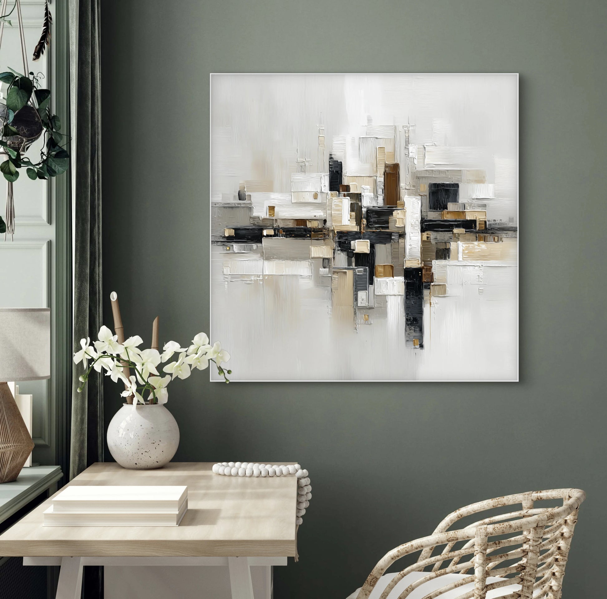 Mock-up van kunstwerk Symmetra boven bureau met bloemenvaas in modern interieur met groene muur 

