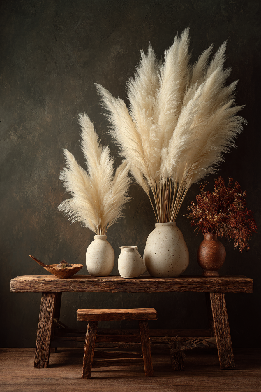 Volledig kunstwerk Tafel van Tijd met stilleven van kruiken, pluimen en warme aardetinten 
